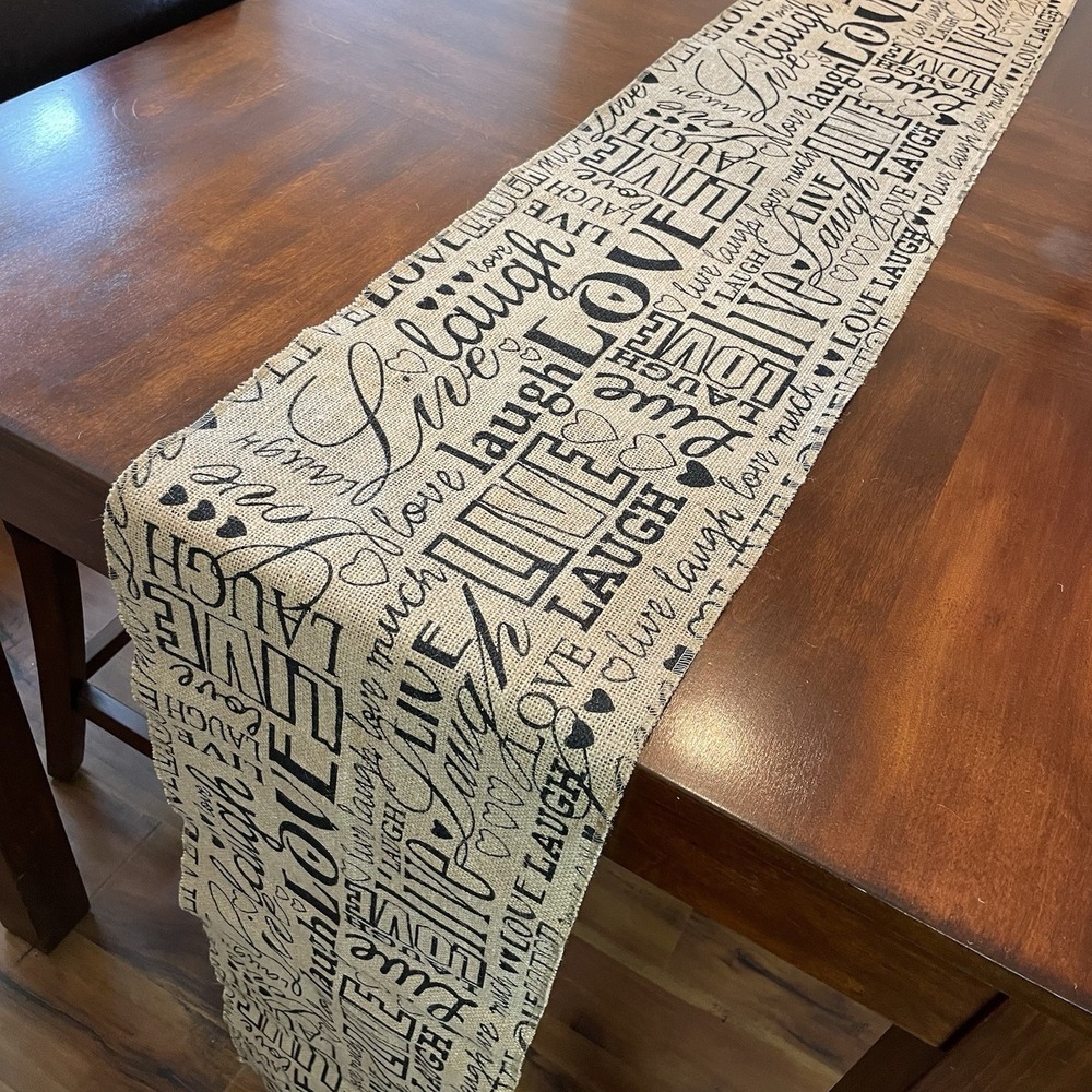 "Live Love Laugh" Natural Fiber Table Runner 12"x180" Jute Woven Burlap Wedding